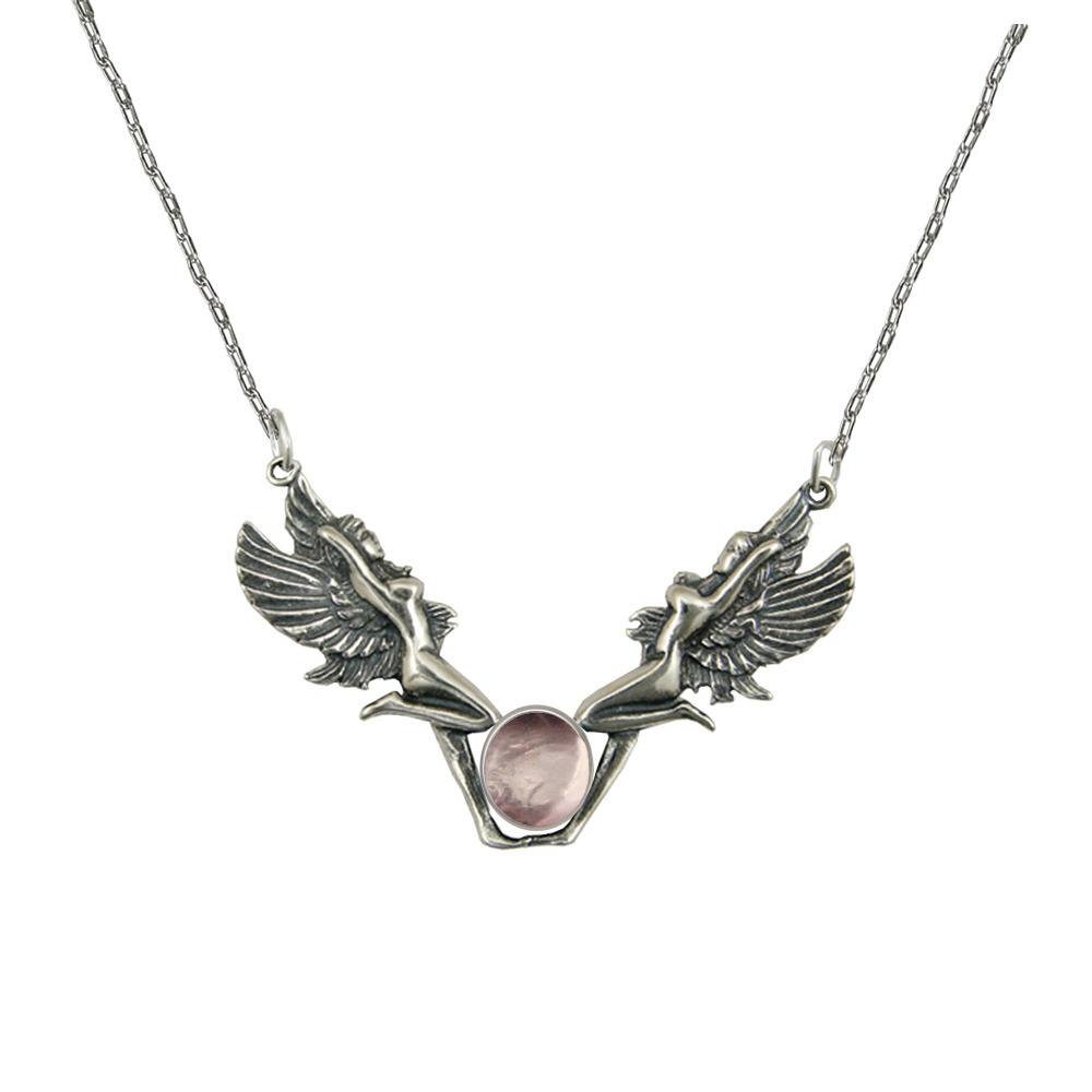 Sterling Silver Double Fairies Necklace With Rose Quartz